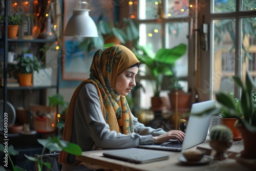 Muslim woman wearing hijab working on laptop at beautiful cozy office, Generative AI