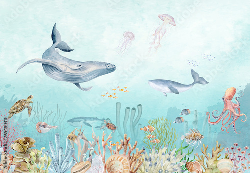 Fototapeta Naklejka Na Ścianę i Meble -  Whale Underwater Blue Ilustration Wallpaper Beautifull