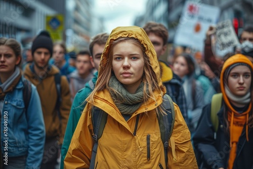 Group of students on the streets demonstrating against climate change. People protesting for problem in ecology, environment, global warming, industrial influence, climate, Generative AI
