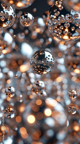 Floating Glass Spheres with Golden Bokeh 