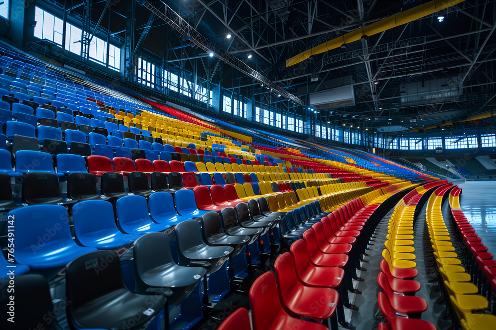 Fototapeta premium blue, red and yellow seats in the indoor stadium