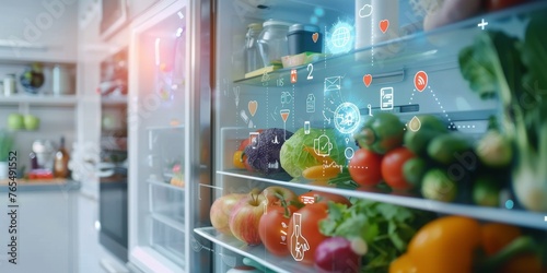 A refrigerator full of fruits and vegetables with a digital display on the door