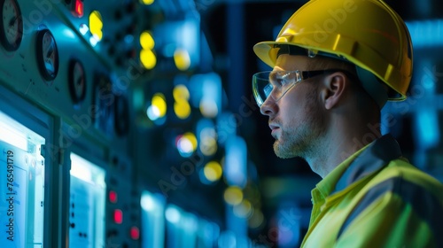 Engineer in yellow hard hat focused on control panels with illuminated indicators in an industrial setting.