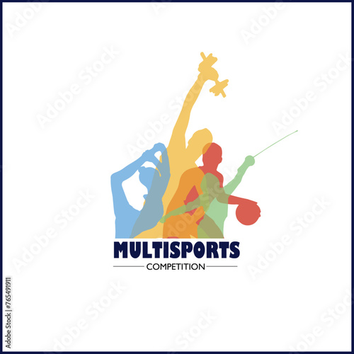 Athletes day. Multisports competition. Sports silhouettes blue yellow red green. Multisport. digital design and printing model. Copy space - Stock vector