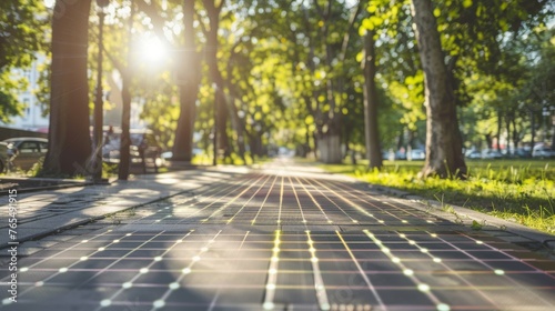 Sunlight shining through the trees on a pathway with innovative solar panel tiles embedded in the ground.
