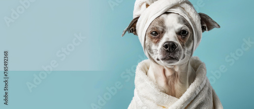 A snug dog adorned in a head towel on a soothing blue background, embodying a sense of calm photo