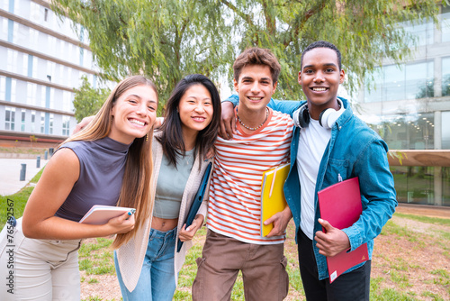 Portrait closeup multiracial group of students smiling looking at camera outdoor