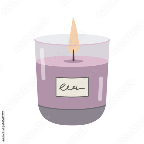 Burning Aromatherapy candle in glass jar with label sticker isolated on white background. Hand drawn Vector illustration. Aroma candle icon. Hand crafted candle. Flat design