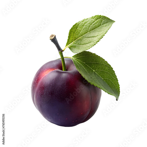 Plum with leaf isolated on white background,