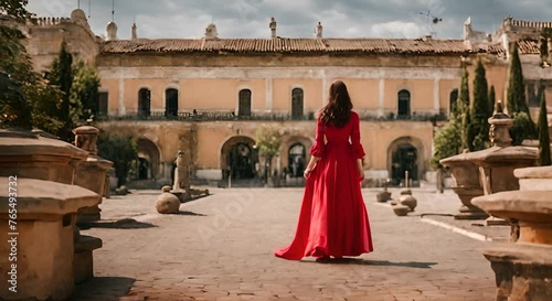 Woman with red dress in Spain.