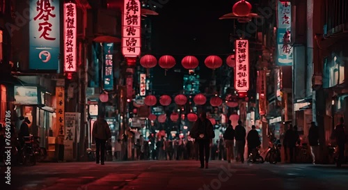 Japanese city with many people and neon lights. photo
