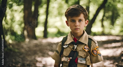 Boy scout child in the forest. photo
