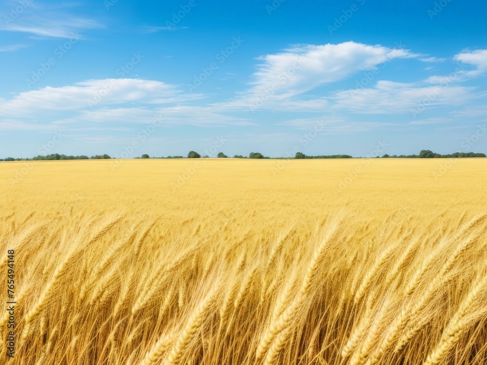Field of golden wheat under blue sky with white clouds. Agricultural landscape. AI generated