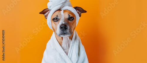 A dog stands wrapped in white, contrasting sharply against an orange backdrop, symbolizing unconventional beauty photo