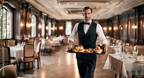 Waiter with a tray of food. photo