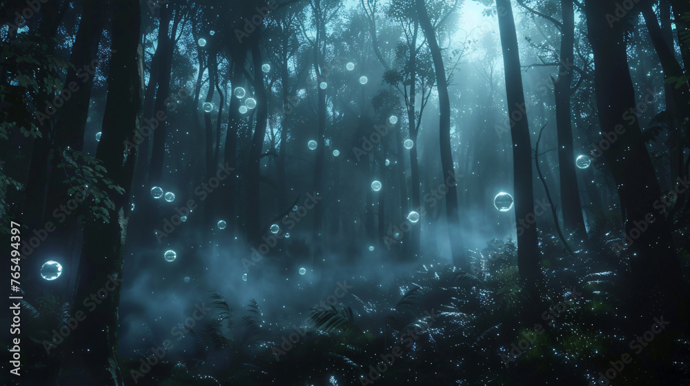 3D looping animation misty fantasy forest glow orbs ..