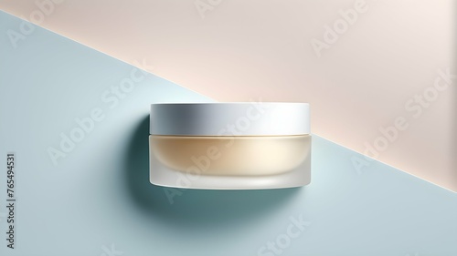 Cosmetic cream jar on blue and pink background.