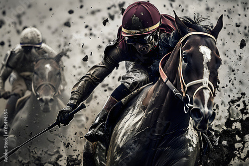 Intense horse racing action, jockey in motion, mud splash.