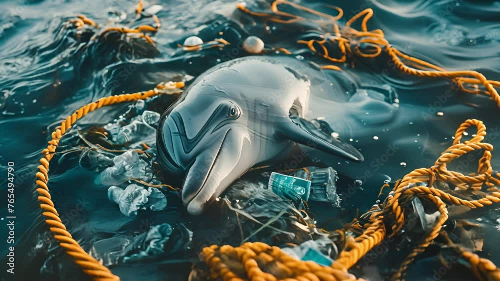 Polluted world ocean. Garbage and waste in the water. Animals suffer ...