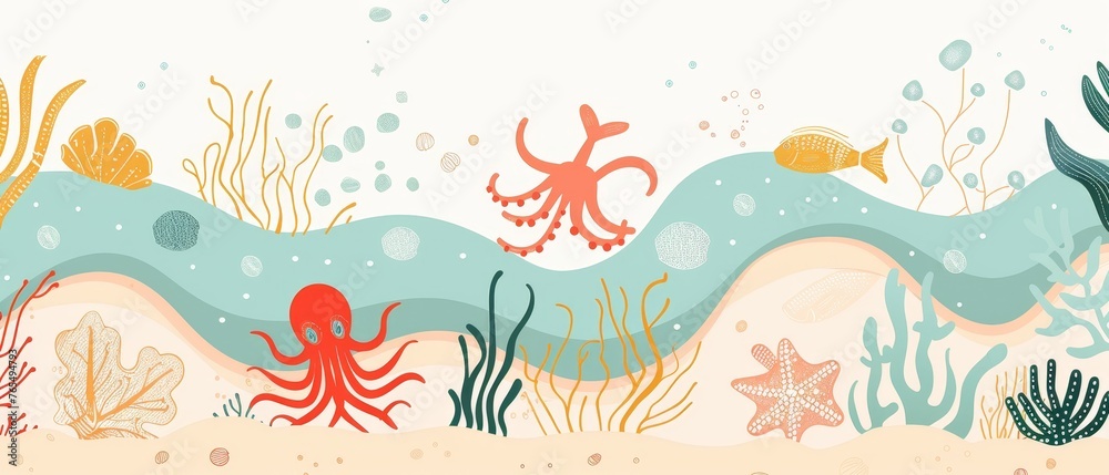 Undersea landscape illustration with Octopus, Whale, Fish, Crab, and Algae. Marine life on sea bottom with ankor on sand. Hand drawn flat cartoon background. Underwater world. Modern illustration.