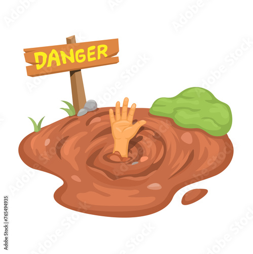 Hand in QuickSand With Danger Warning Sign Illustration Vector