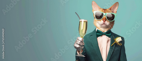 With remarkable sophistication, a cat in a neatly tailored suit clinks glasses, symbolizing cheer and stylish revelry photo