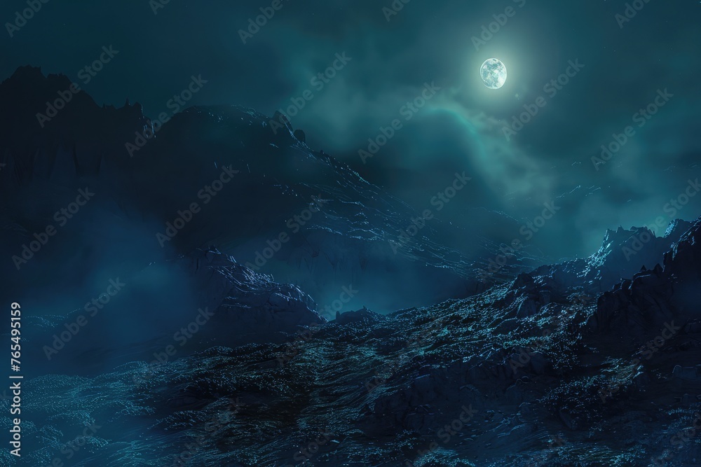Night time Fog Covered Mountain lit by bright Full Moon.    Makes for a spooky background for Halloween illustration or a moody nature theme. 