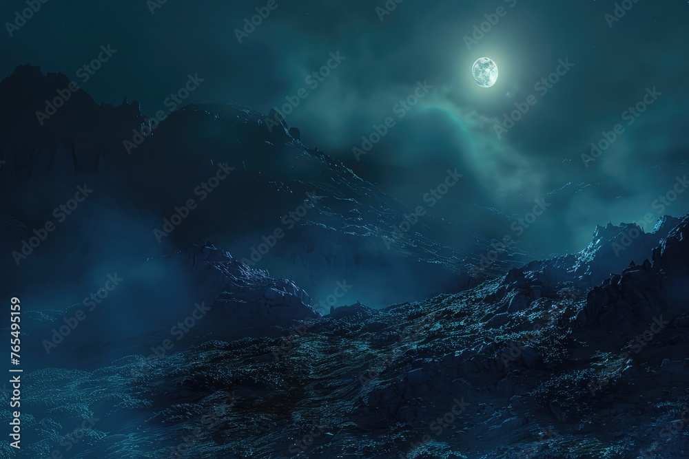 Naklejka premium Night time Fog Covered Mountain lit by bright Full Moon. Makes for a spooky background for Halloween illustration or a moody nature theme. 