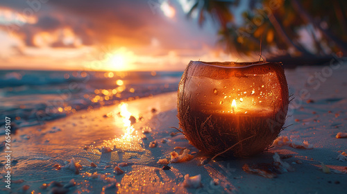 A tropical cocktail served in a coconut shell, with a backdrop of palm trees and a colorful sunset painting the sky over a tranquil beach scene.  © Noman
