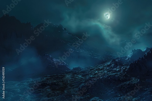 Night time Fog Covered Mountain lit by bright Full Moon. Makes for a spooky background for Halloween illustration or a moody nature theme. 