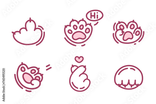 Set of Cat Paws. Collection of cartoon footprints of kitty. Vector illustration of Animals Paws. Gesture of Greeting, Love, Heart, Middle Finger. Cat's Paw Shows Heart. Tattoo, Sticker, Emoji, Gesture