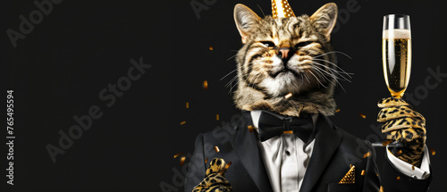 A cat in a black tuxedo and festive confetti celebrates with champagne  embodying celebration and elegance