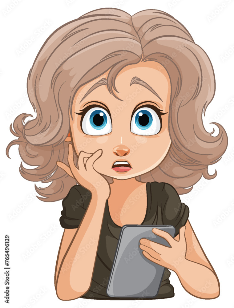 Cartoon of a concerned woman with a mobile device Cartoon of a concerned woman with a mobile device
