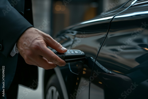 Close up of a businessman opening the door to a luxury car with a remote control key © digitalpochi