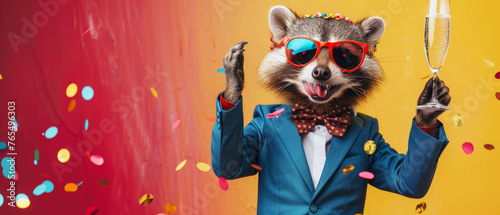 Joyous raccoon in a blue suit and sunglasses with confetti around, celebrating photo