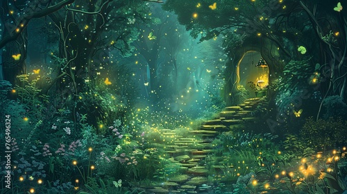 A mystical forest path teems with the soft glow of fireflies  leading to a lantern-lit archway in an enchanting green woodland. Enchanted Forest Path with Magical Fireflies  