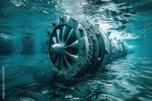 ESG in action with tidal energy turbines, mid-shot, underwater view, clear waters, innovative marine tech, super detailed