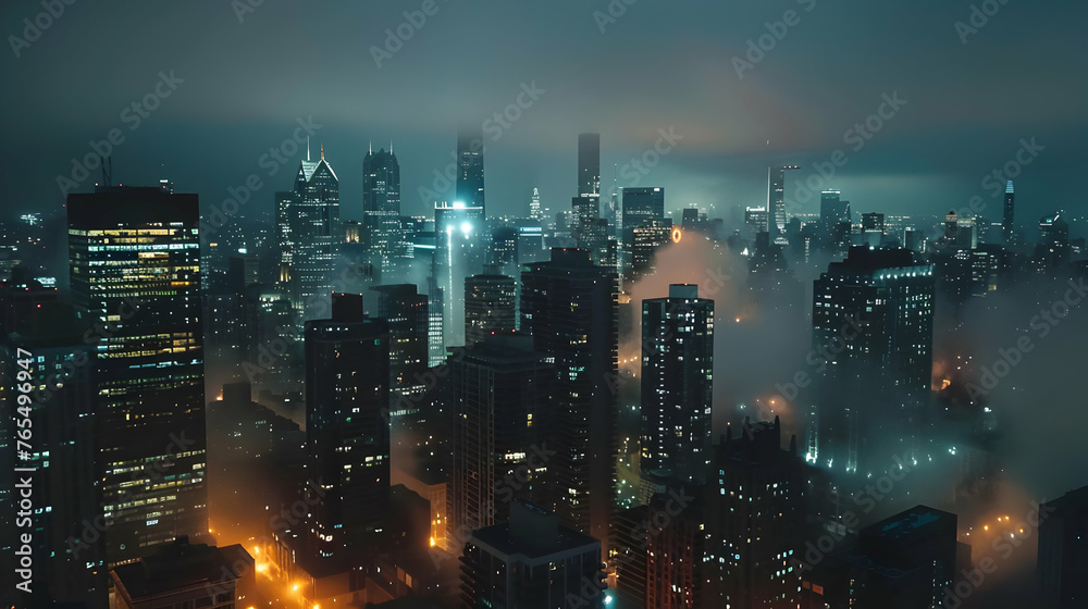 Aerial view of the city shrouded in mist at night.