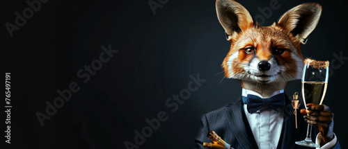 A sophisticated fox dressed in a formal tuxedo and bow tie, toasting with a glass of champagne against a dark backdrop