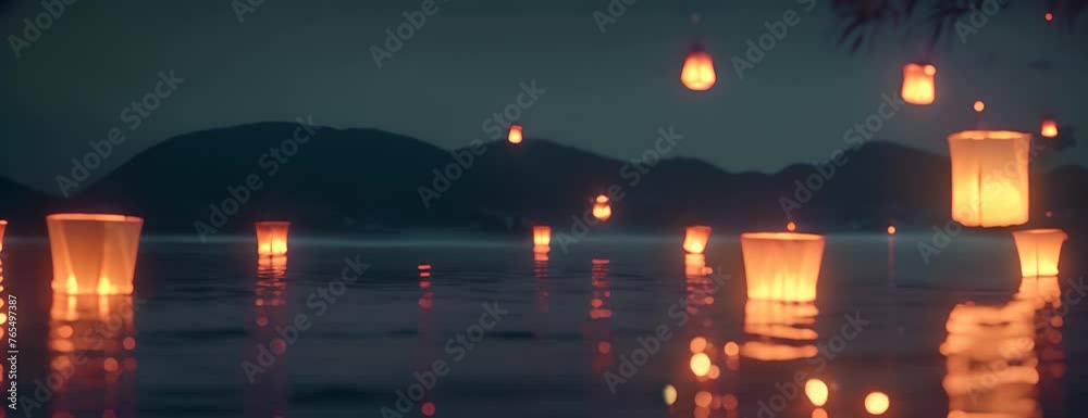 Paper lanterns float on dark water. Traditional Floating Lantern Festival, Memorial Day 4K Video