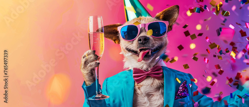 A lively dog in a blue blazer and bow tie, celebrating with champagne and flying confetti
