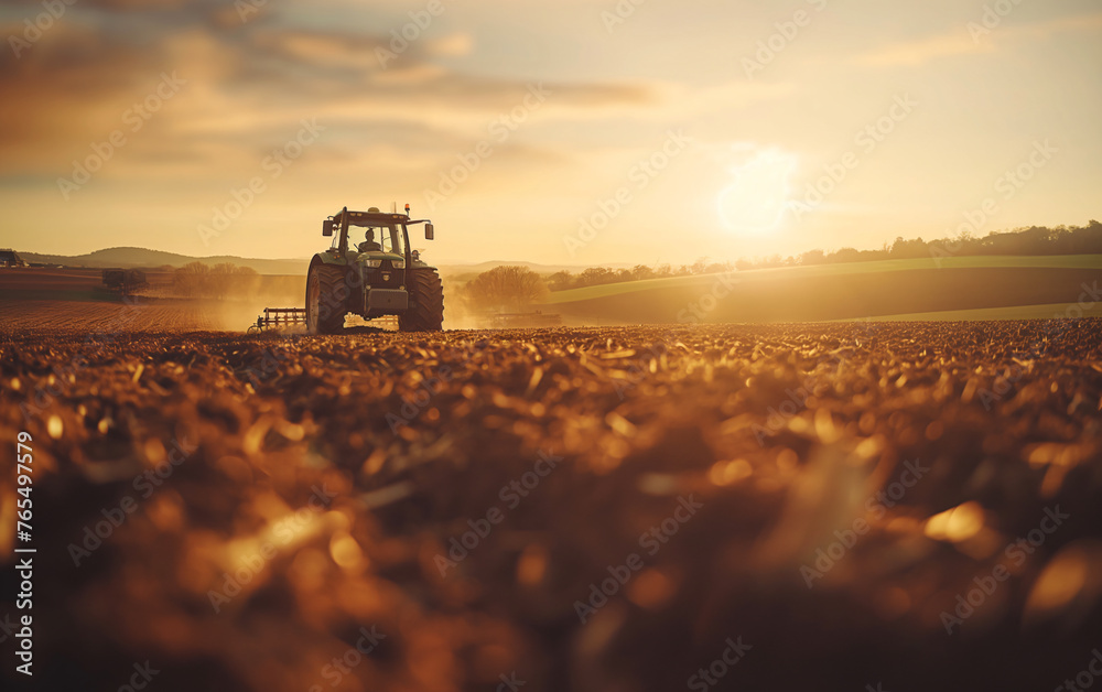 Fototapeta premium Tractor plowing fields under sunny sky
