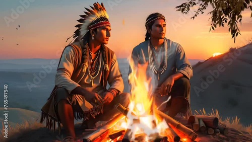 Two American Indian man warm themselves with a campfire. Seamless looping time-lapse 4k video animation background photo