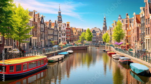 A charming canal lined with colorful buildings and old photo