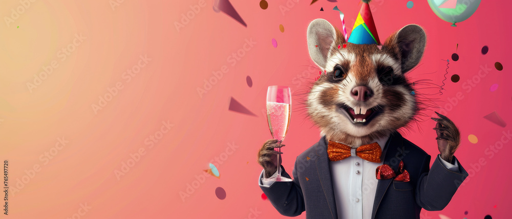 Excited raccoon with a party hat and bow tie holding a champagne glass among falling confetti and balloons - obrazy, fototapety, plakaty 