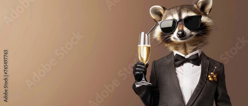 An elegant raccoon in a tuxedo and sunglasses toasts with a champagne flute against a smooth background photo