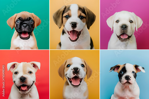 Collage of cute puppies with happy facial expression on colorful grid background