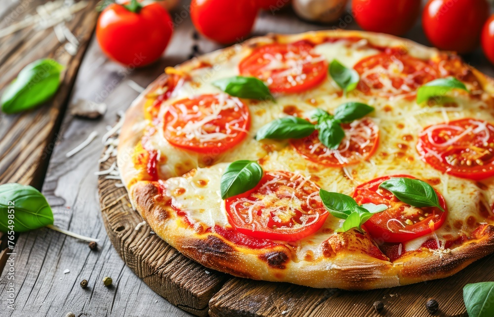 Delicious Homemade Margherita Pizza Topped With Fresh Basil and Tomatoes on a Wooden Table