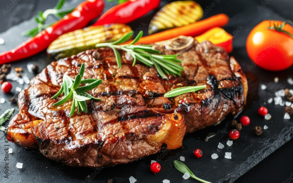 Grilled Steak Garnished With Rosemary on Dark Slate Background at Dinner Time