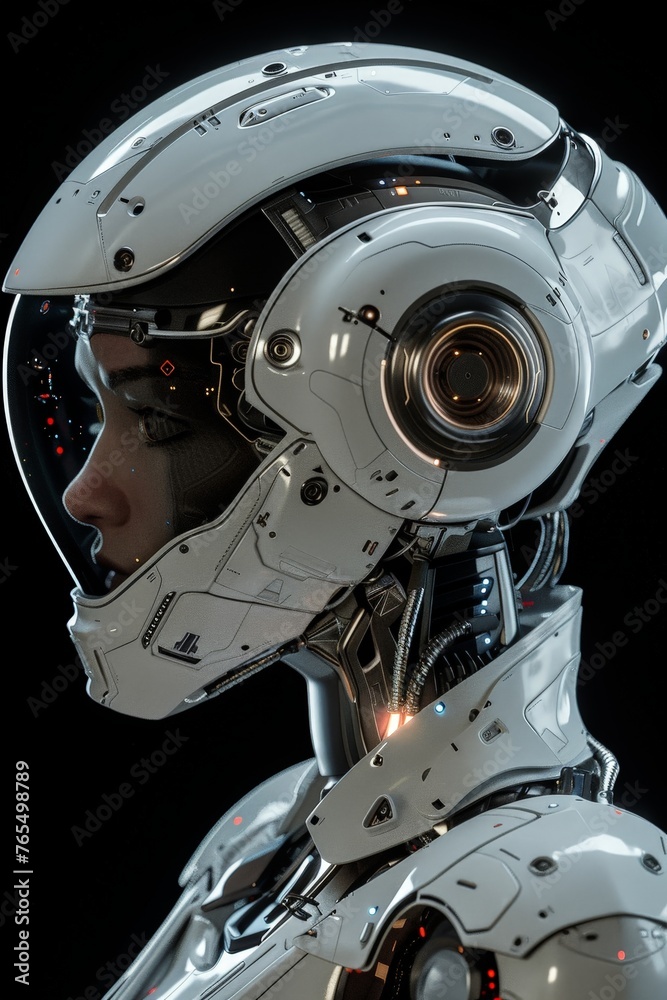 Fototapeta premium Female AI bot with a reflective material on a black background